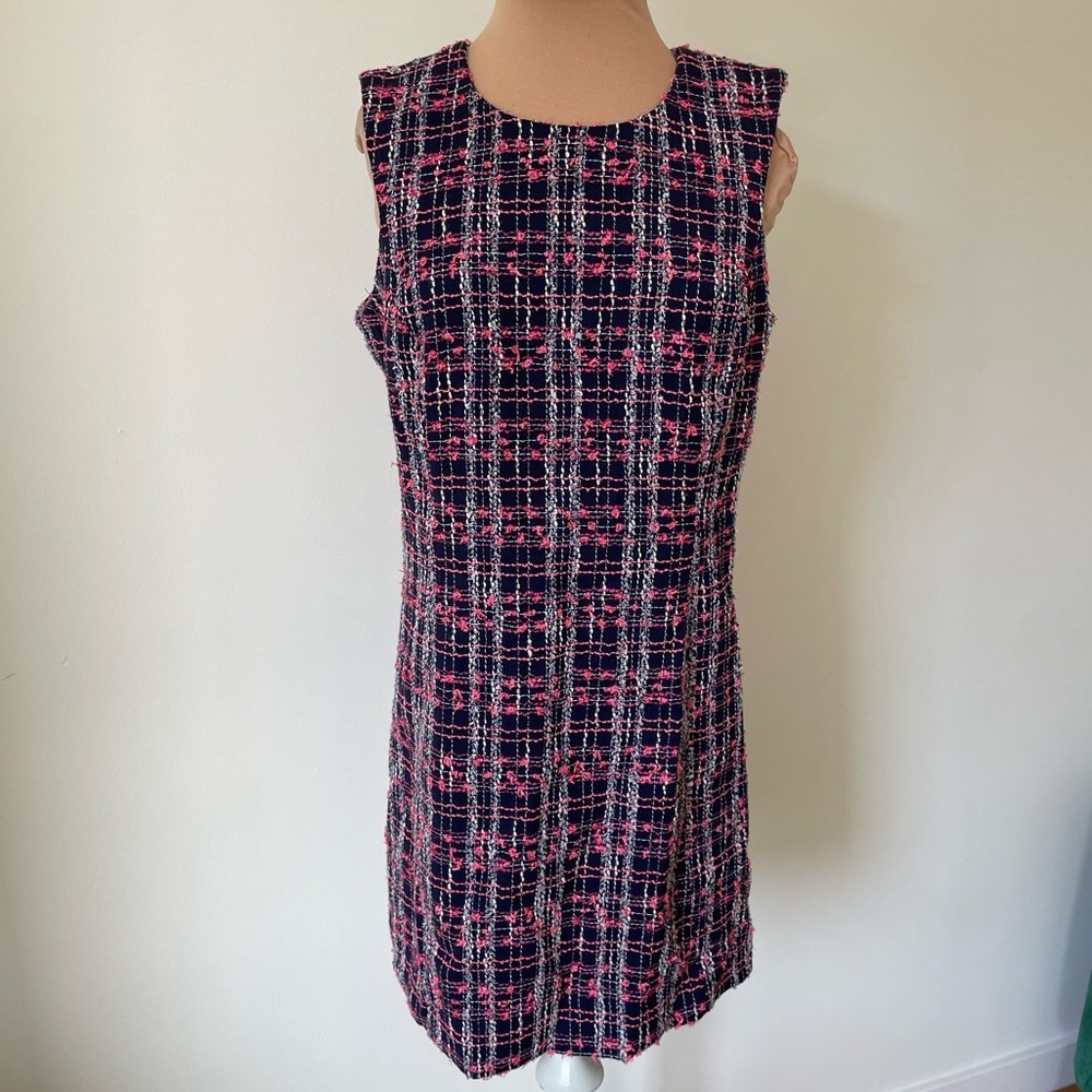 Milly Tweed Cotton Blend Blue Pink Sleeveless Shift Dress 997FT012651 NWT Size 8